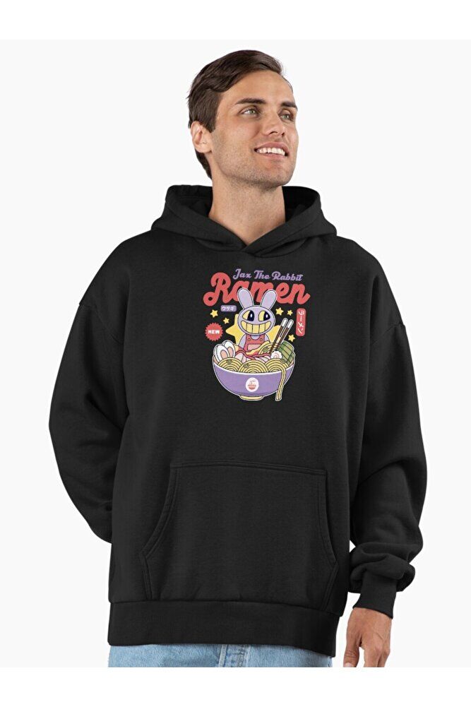 Erkek - Kadın Oversize Jax Purple Rabbit Ramen Baskılı Kapüşonlu Sweatshirt