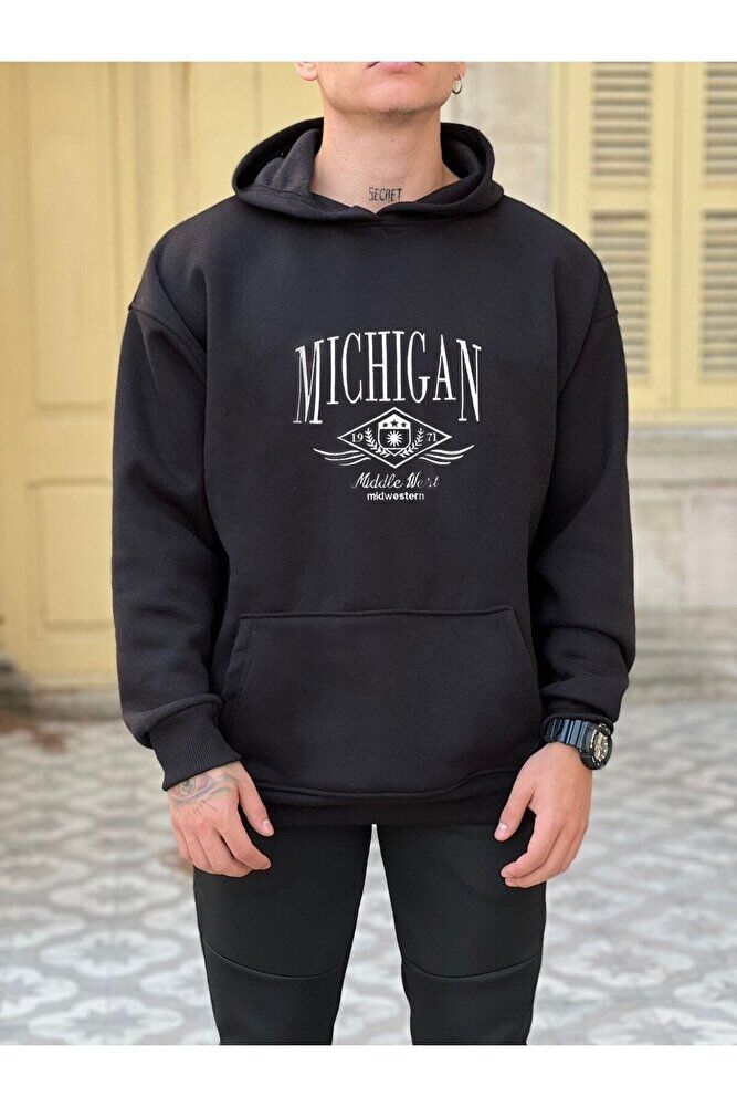 Erkek Siyah Michigan Baskılı Kapüşonlu Hoodie