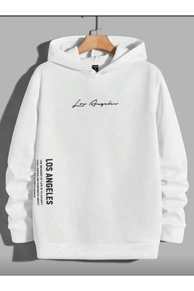 Los Angeles Slogan Baskılı Unisex Oversize Günlük Kapüşonlu Sweatshirt