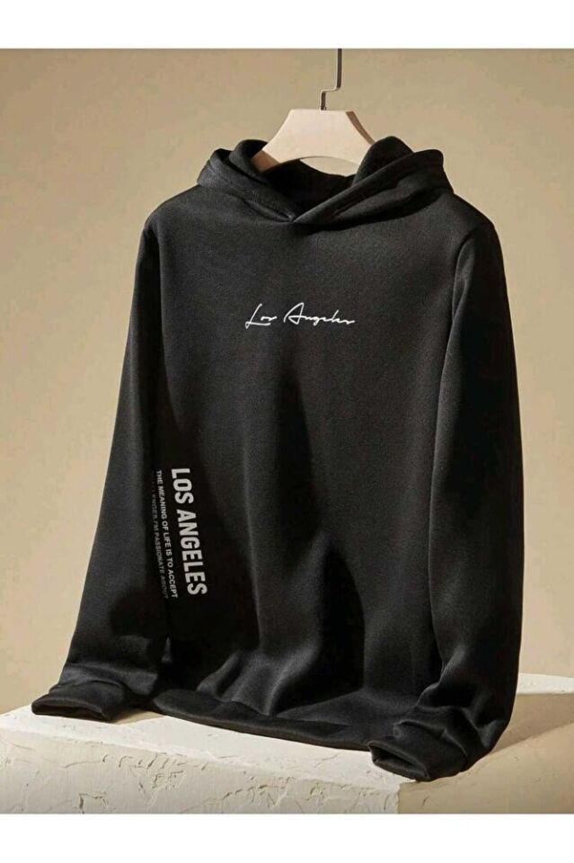 Los Angeles Slogan Baskılı Unisex Oversize Günlük Kapüşonlu Sweatshirt