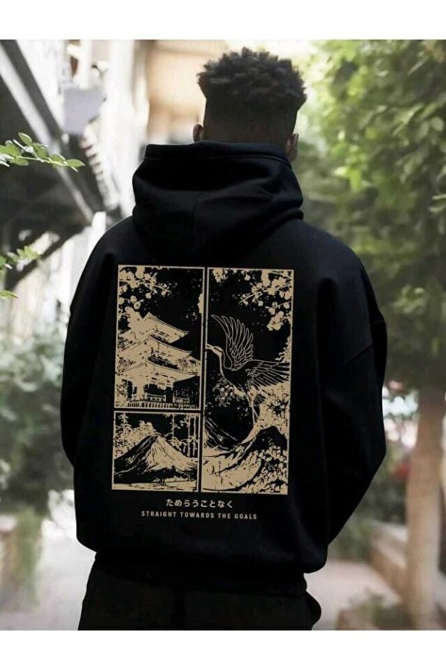 Unisex Japon Tarzı Manzara Sanat Eseri Grafik Baskılı Kanguru Cepli Kapüşonlu Üst Sonbahar/Kış