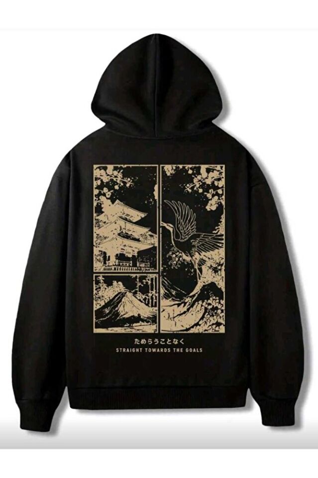 Unisex Japon Tarzı Manzara Sanat Eseri Grafik Baskılı Kanguru Cepli Kapüşonlu Üst Sonbahar/Kış