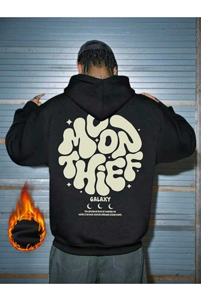 Erkekler İçin Bol Kesim Ay Hırsızı Baskılı Kanguru Cepli Kapüşonlu Sweatshirt, Sonbahar/Kış