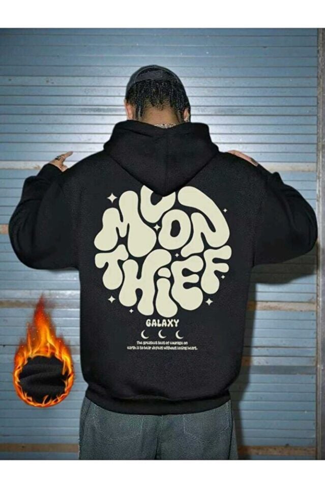 Erkekler İçin Bol Kesim Ay Hırsızı Baskılı Kanguru Cepli Kapüşonlu Sweatshirt, Sonbahar/Kış