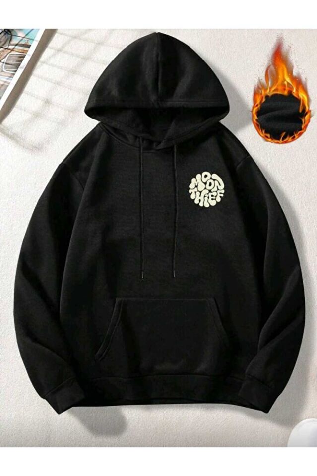 Erkekler İçin Bol Kesim Ay Hırsızı Baskılı Kanguru Cepli Kapüşonlu Sweatshirt, Sonbahar/Kış