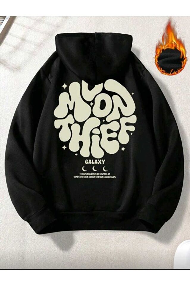 Erkekler İçin Bol Kesim Ay Hırsızı Baskılı Kanguru Cepli Kapüşonlu Sweatshirt, Sonbahar/Kış