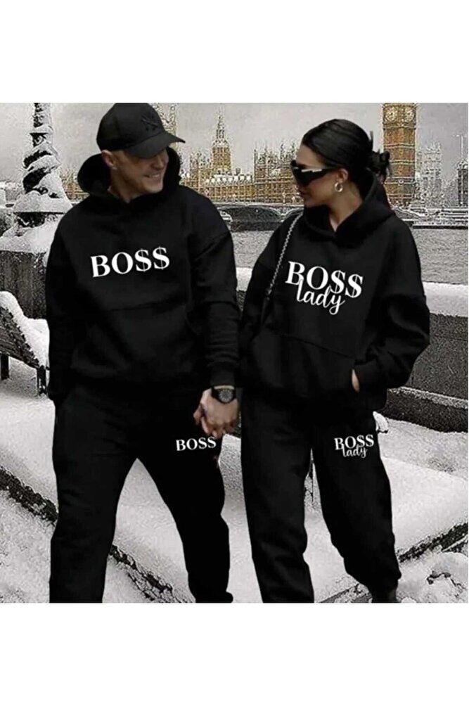 Unisex Kadın Erkek Sevgili Çift Kombini Boss Baskılı Kapüşonlu Alt-Üst Eşofman Takımı 2'li Set