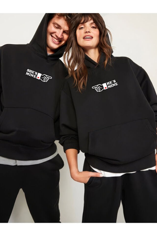 Unisex Kadın Erkek Sevgili Çift Kombini ''O Benim'' Baskılı Kapüşonlu 2'li Üst Eşofman
