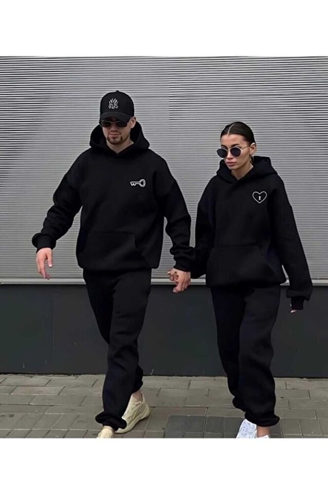 Unisex Kadın Erkek Sevgili Çift Kombini Anahtar Kalp Baskılı Kapüşonlu Alt-Üst Eşofman Takımı 2'li