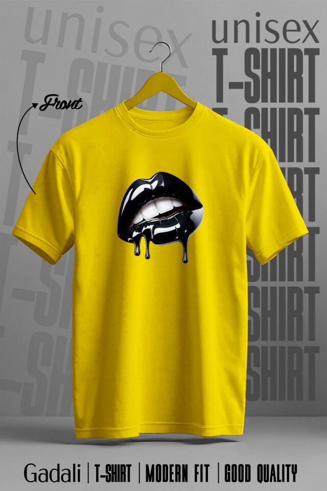 Unisex Siyah Dudak Baskılı T-shirt