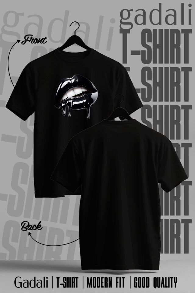 Unisex Siyah Dudak Baskılı T-shirt