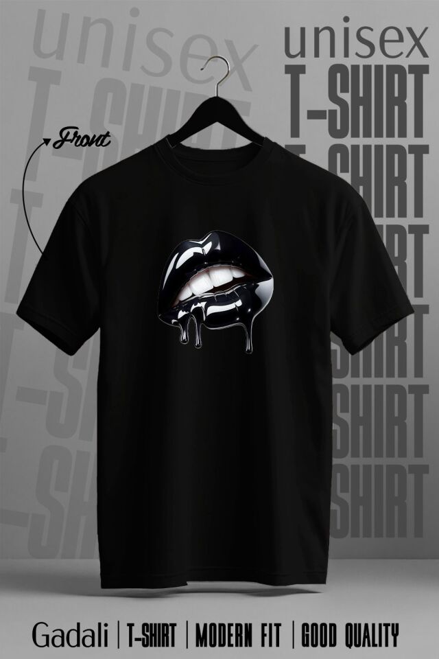 Unisex Siyah Dudak Baskılı T-shirt