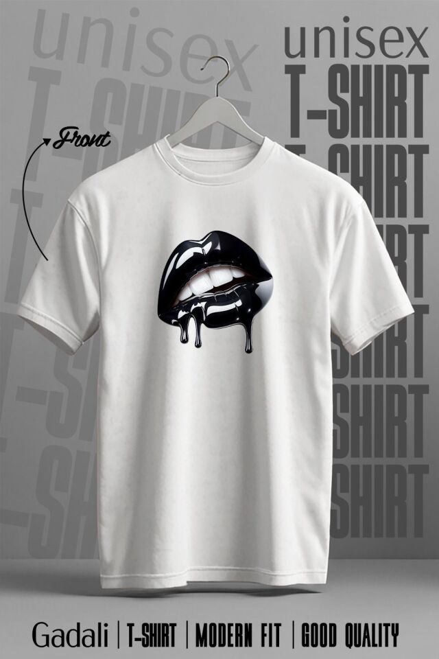 Unisex Siyah Dudak Baskılı T-shirt