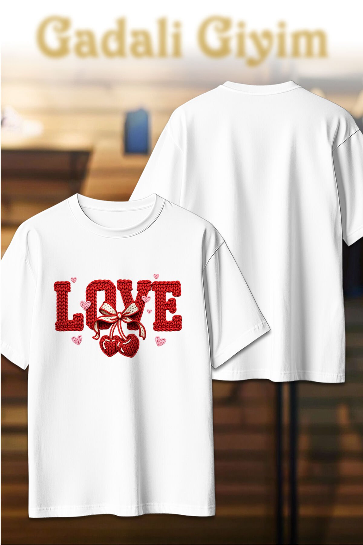 Unisex Oversize Örgü Taklitli Love Kiraz Baskılı Günlük T-Shirt