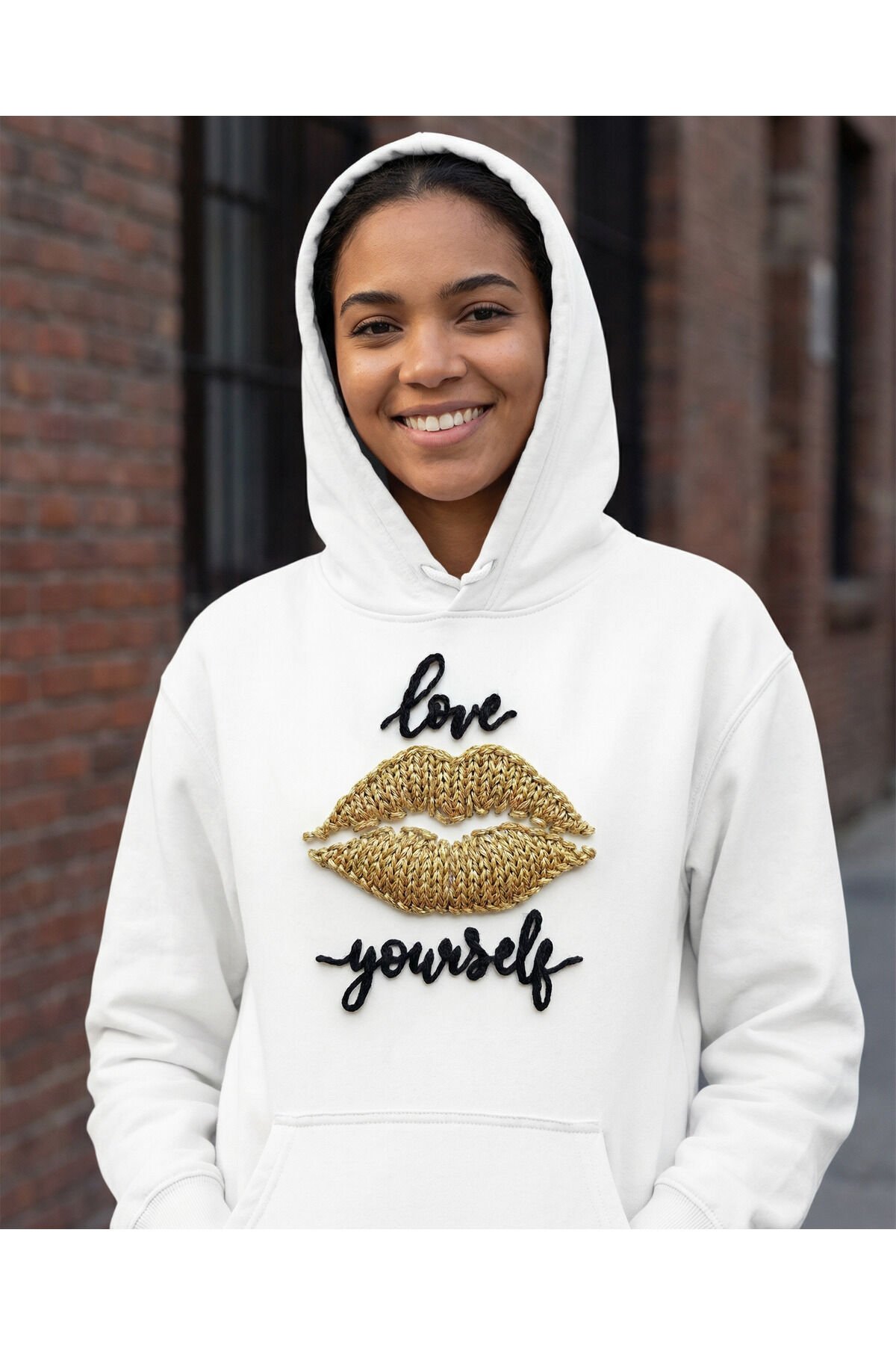 Unisex Oversize Dikiş Görünümlü Love Your Self Baskılı Sweatshirt - Hoodie
