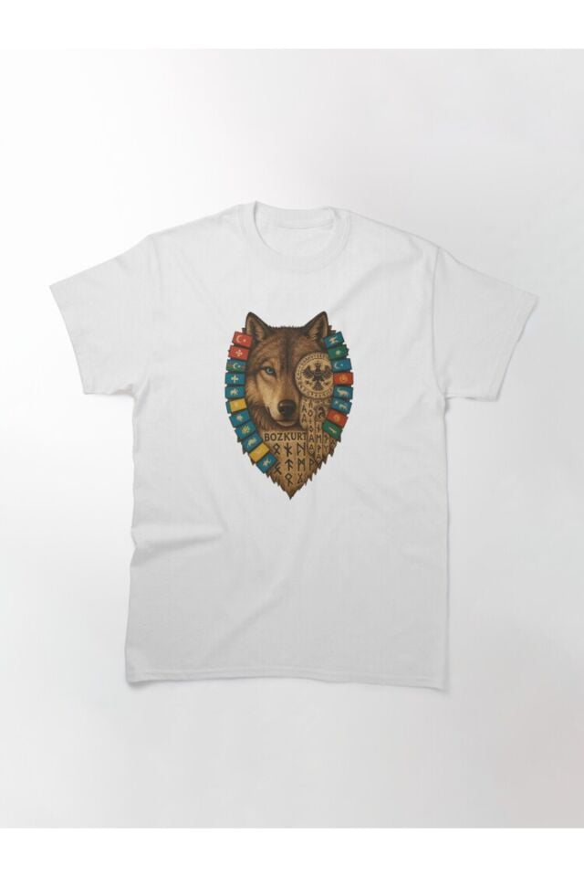 Unisex Oversize Bozkurt Gri Kurt 16 Büyük Türk İmparatorluğu Bayrağı Baskılı Tshirt