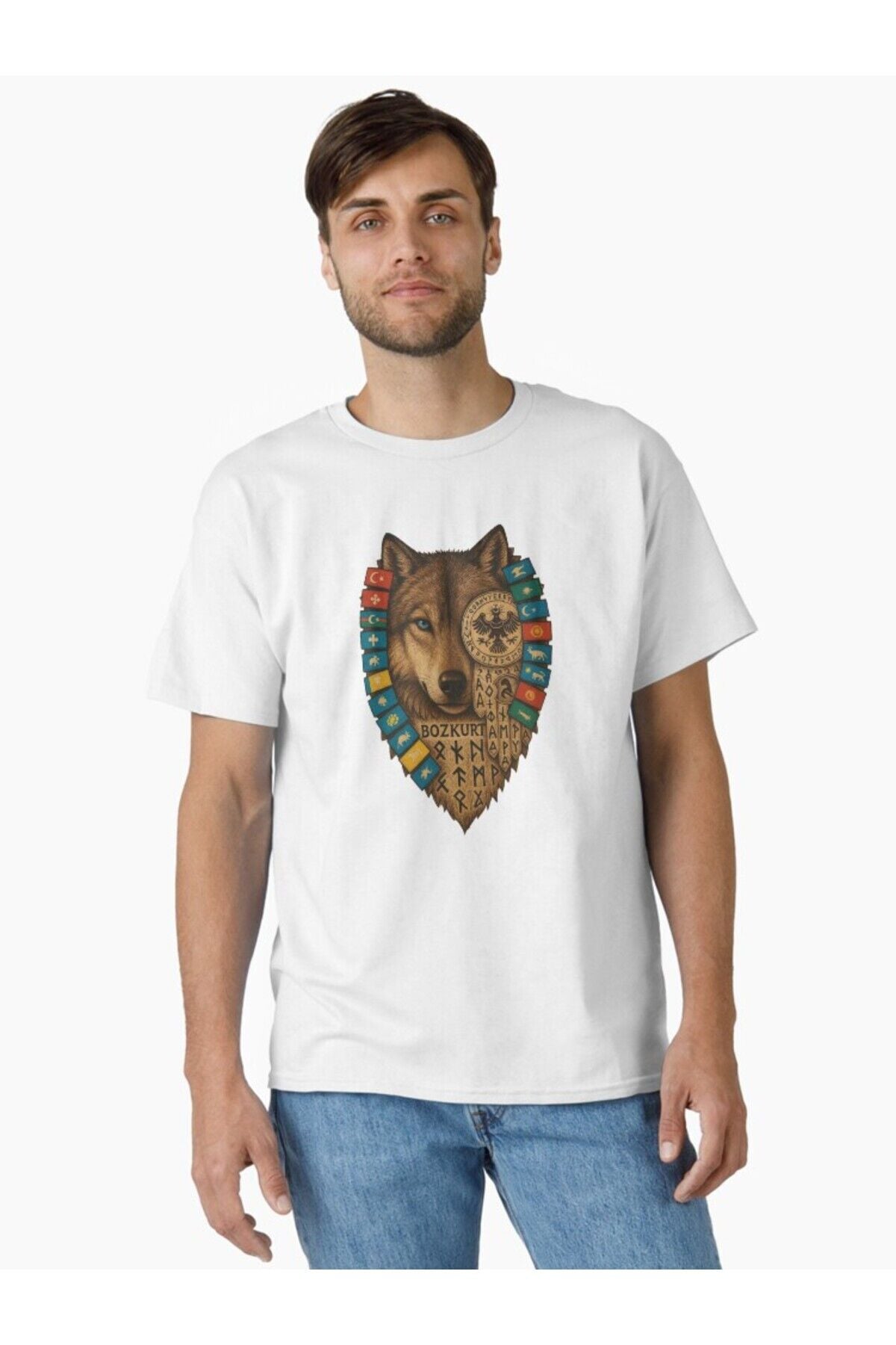 Unisex Oversize Bozkurt Gri Kurt 16 Büyük Türk İmparatorluğu Bayrağı Baskılı Tshirt