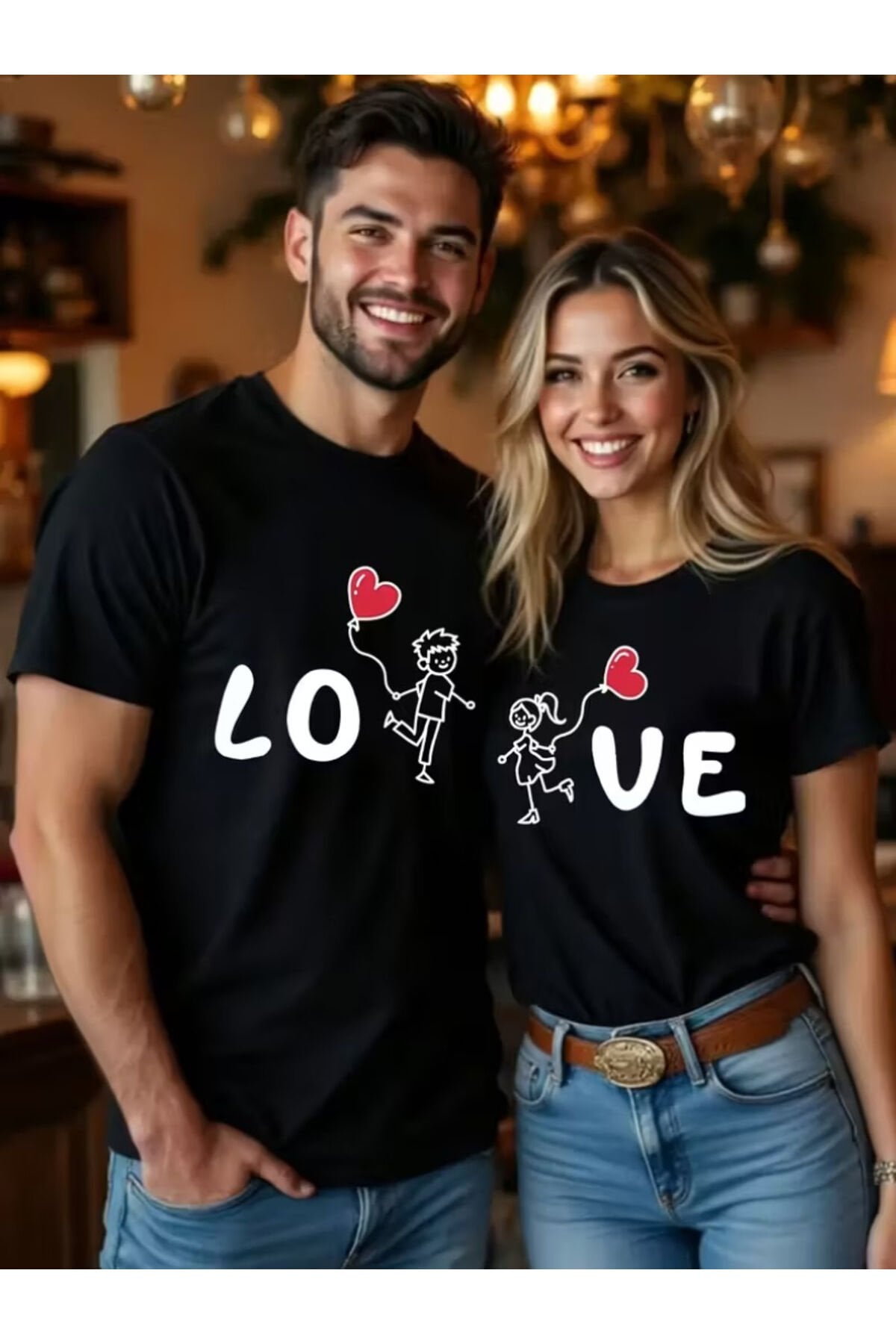 Love Yazılı Karikatür Karakter Tasarımlı Çift Sevgili Kombini Regular T-shirt 2'li %100 Pamuk