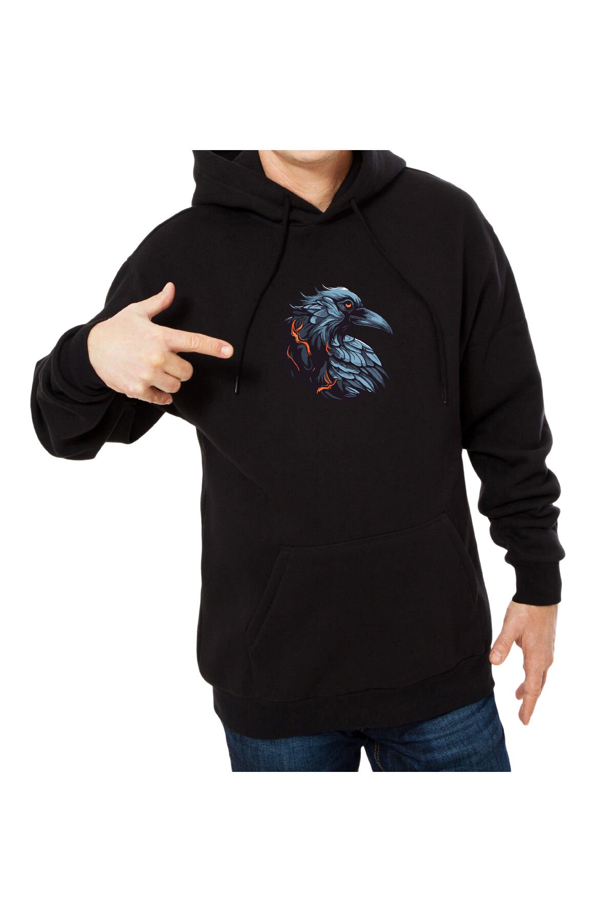 Erkek - Kadın Oversize Kuzgun Desenli Sweatshirt Uzun Kollu Kapüşonlu