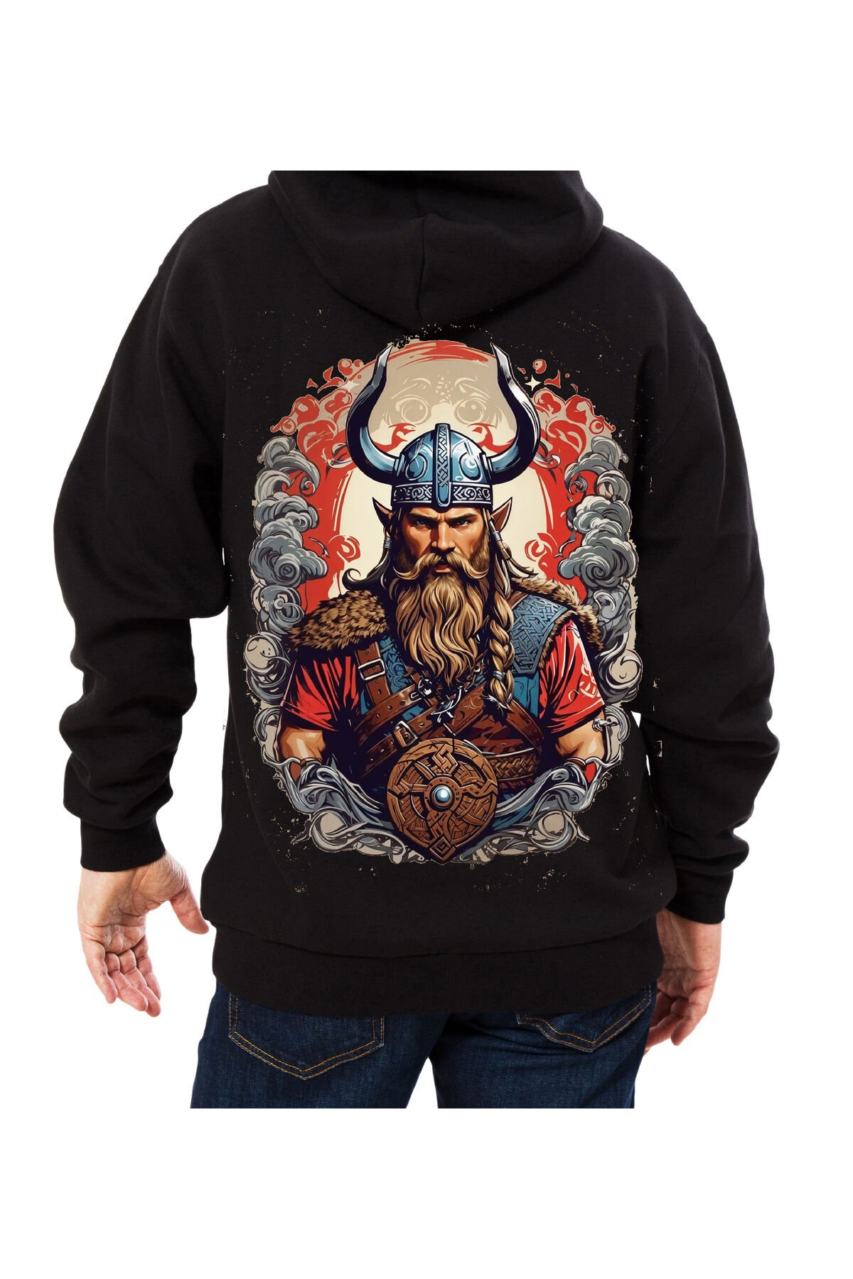 Erkek - Kadın Oversize Viking Thor Desenli Sweatshirt Uzun Kollu Kapüşonlu