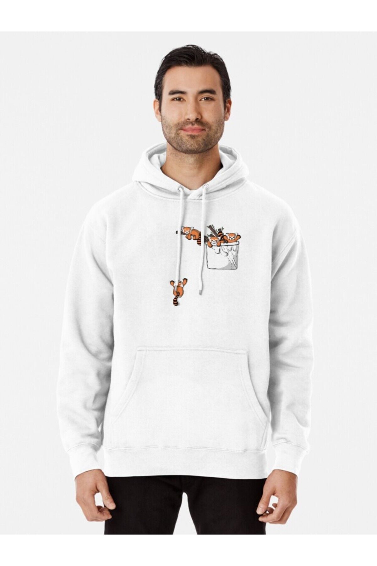 Erkek - Kadın Oversize Cep Detaylı Kırmızı Panda Ayıları Desenli Sweatshirt Uzun Kollu Kapüşonlu