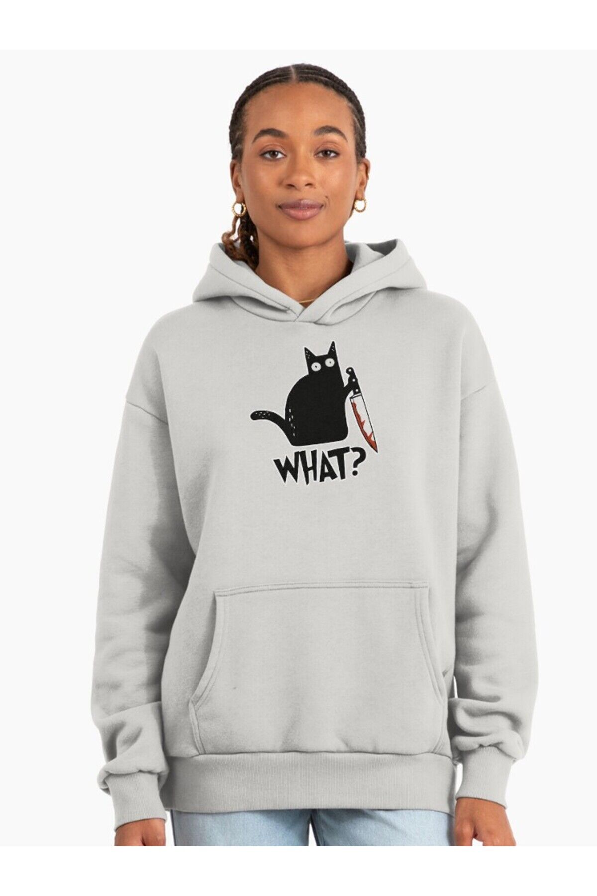 Erkek - Kadın Oversize Cat What? Desenli Sweatshirt Uzun Kollu Kapüşonlu