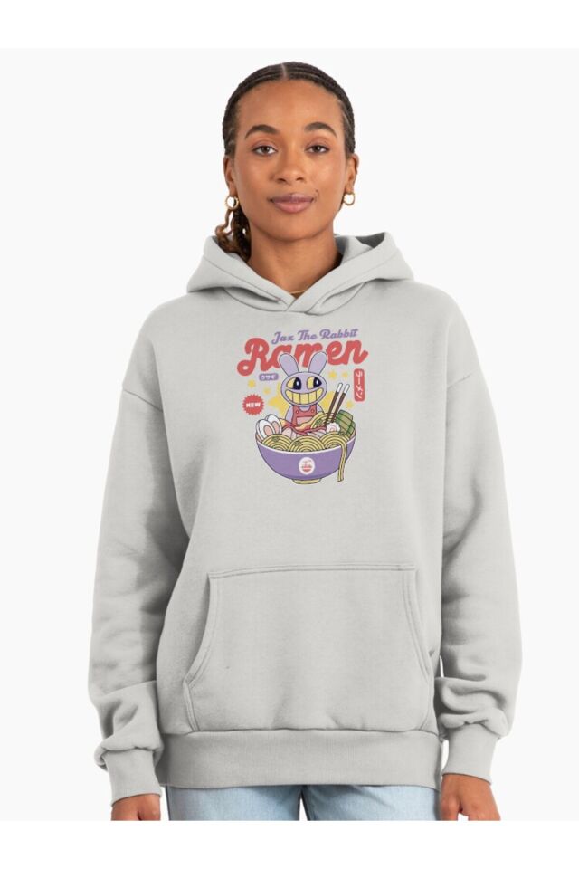 Erkek - Kadın Oversize Jax Purple Rabbit Ramen Baskılı Kapüşonlu Sweatshirt