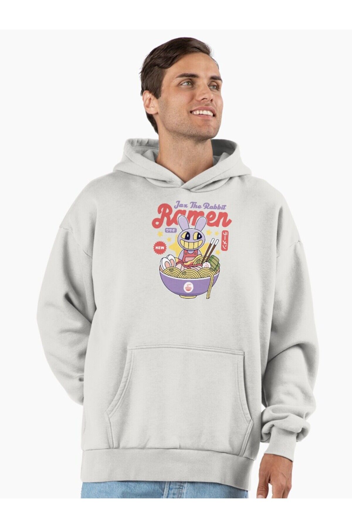 Erkek - Kadın Oversize Jax Purple Rabbit Ramen Baskılı Kapüşonlu Sweatshirt