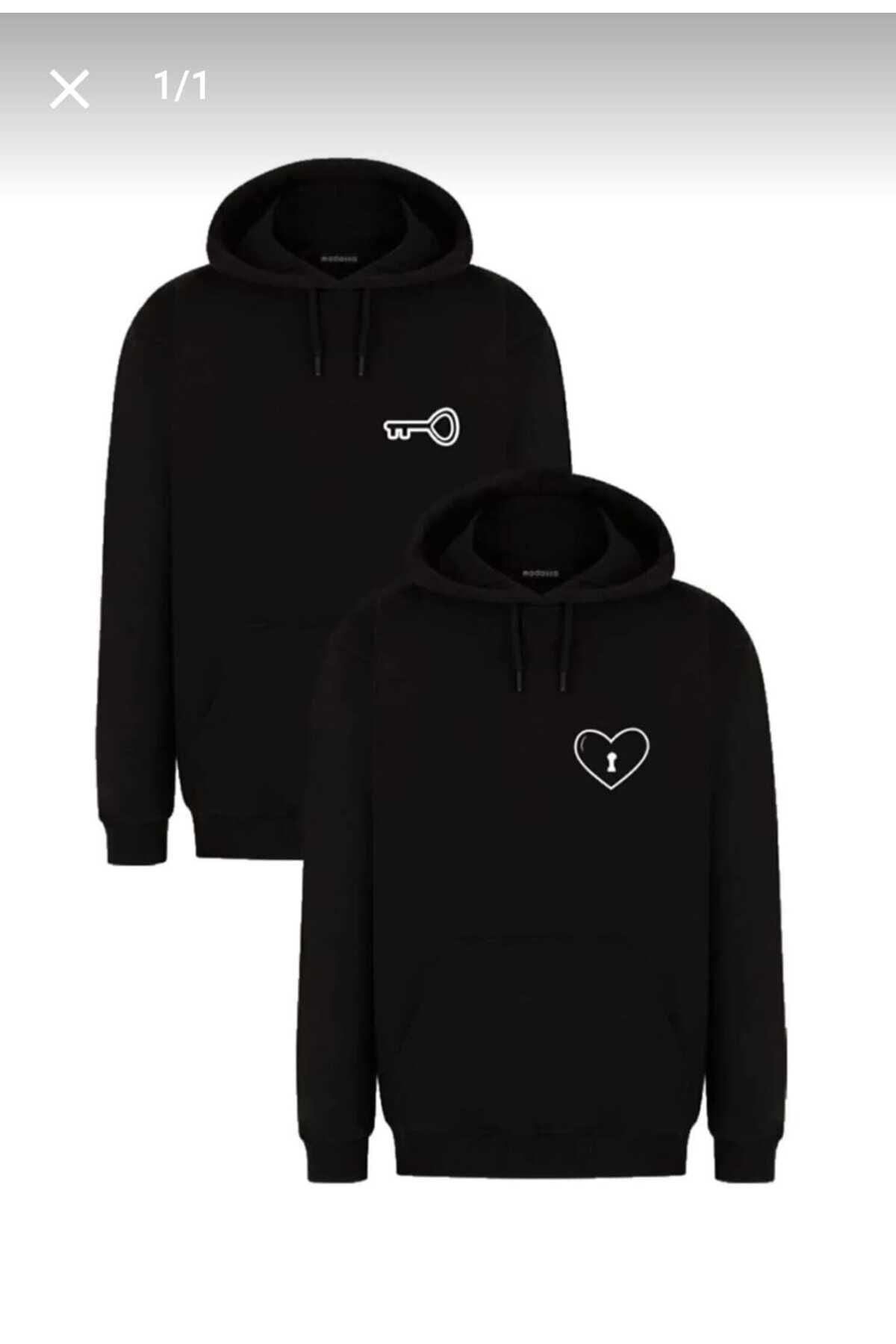 Unisex Kadın ErkekSevgili Çift Kombini Anahtar Ve Kalp Kilit Baskılı Kapüşonlu Sweatshirt 2'li Set