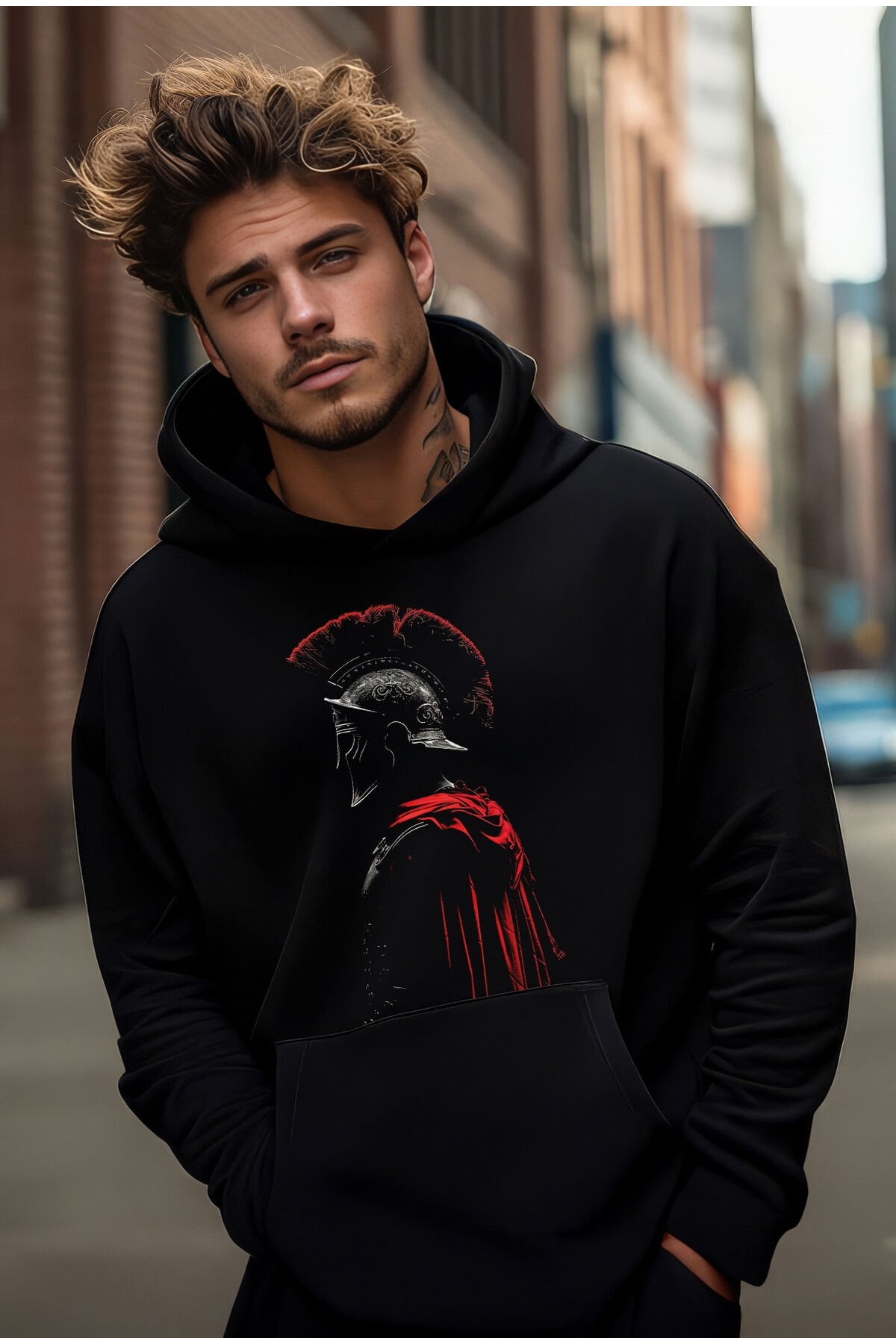 Gladyatör Baskılı Kapşonlu Oversize Sweatshirt Hoodie