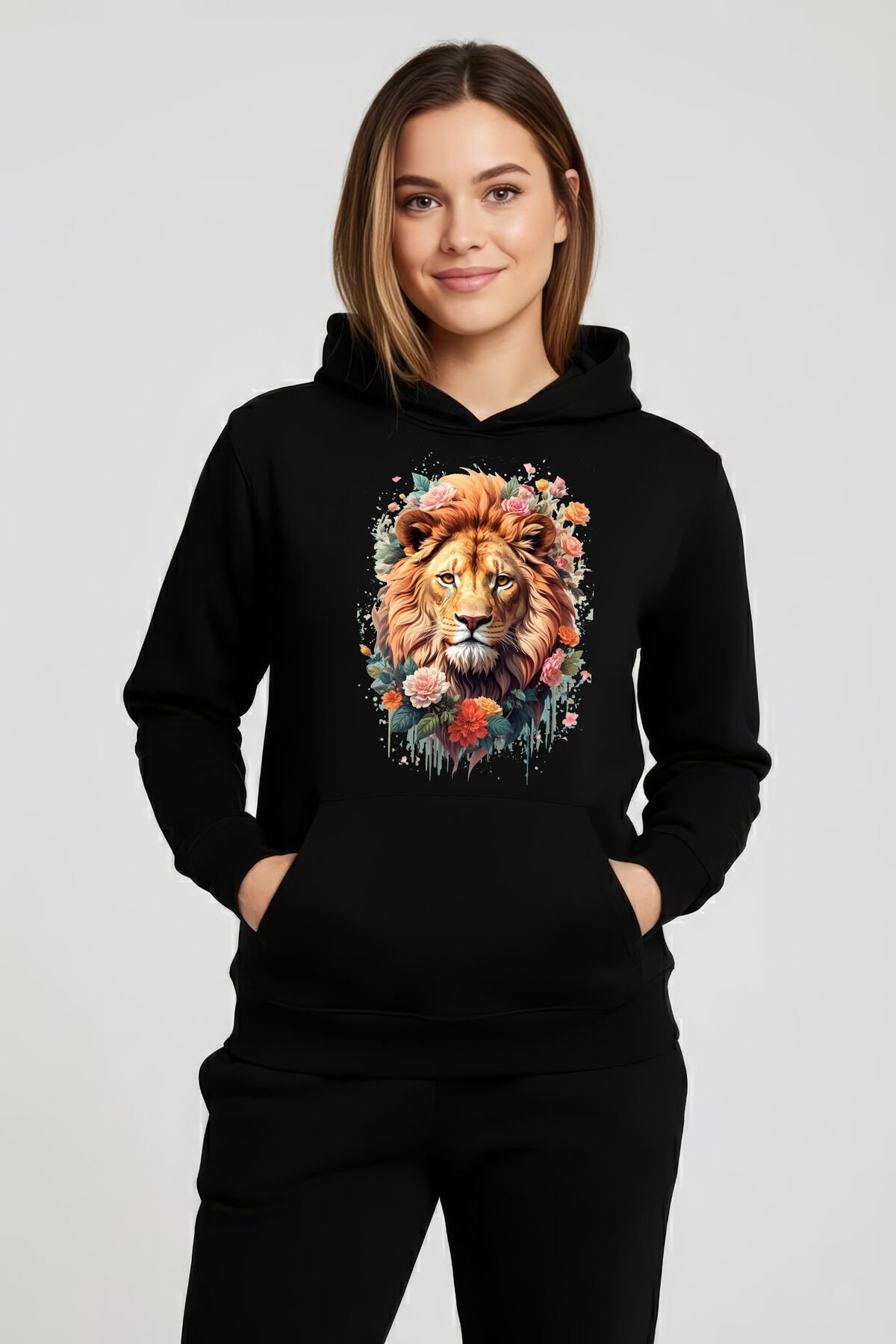 Kadın Oversize Aslan Çiçek Desenli Sweatshirt Uzun Kollu Kapüşonlu