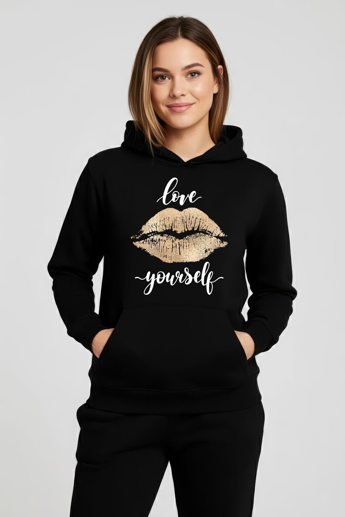 Kadın Oversize Love Your Self Dudak Desenli Sweatshirt Uzun Kollu Kapüşonlu