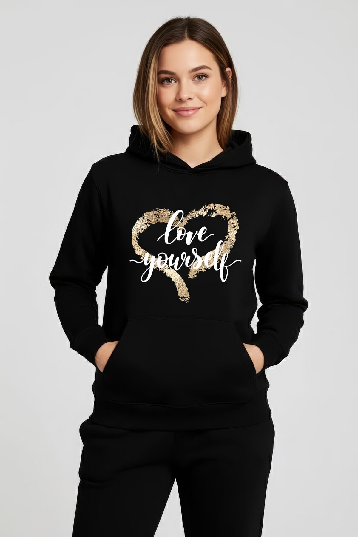 Kadın Oversize Love Your Self Desenli Sweatshirt Uzun Kollu Kapüşonlu