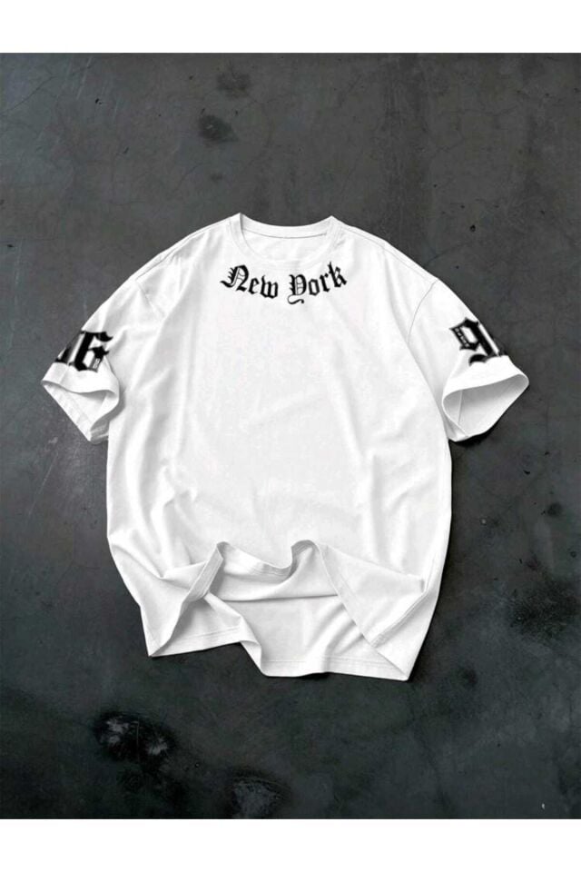 Unisex Oversize New York Yazı Baskılı Günlük Kısa Kollu T-Shirt