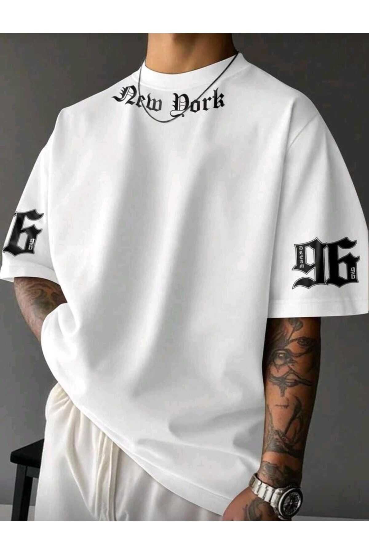 Unisex Oversize New York Yazı Baskılı Günlük Kısa Kollu T-Shirt