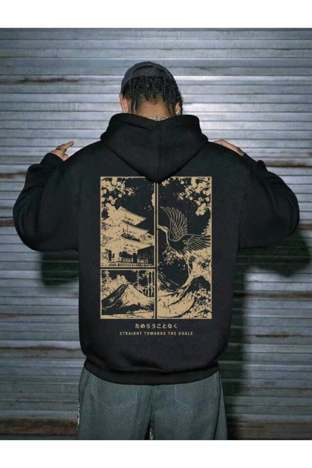 Unisex Japon Tarzı Manzara Sanat Eseri Grafik Baskılı Kanguru Cepli Kapüşonlu Üst Sonbahar/Kış