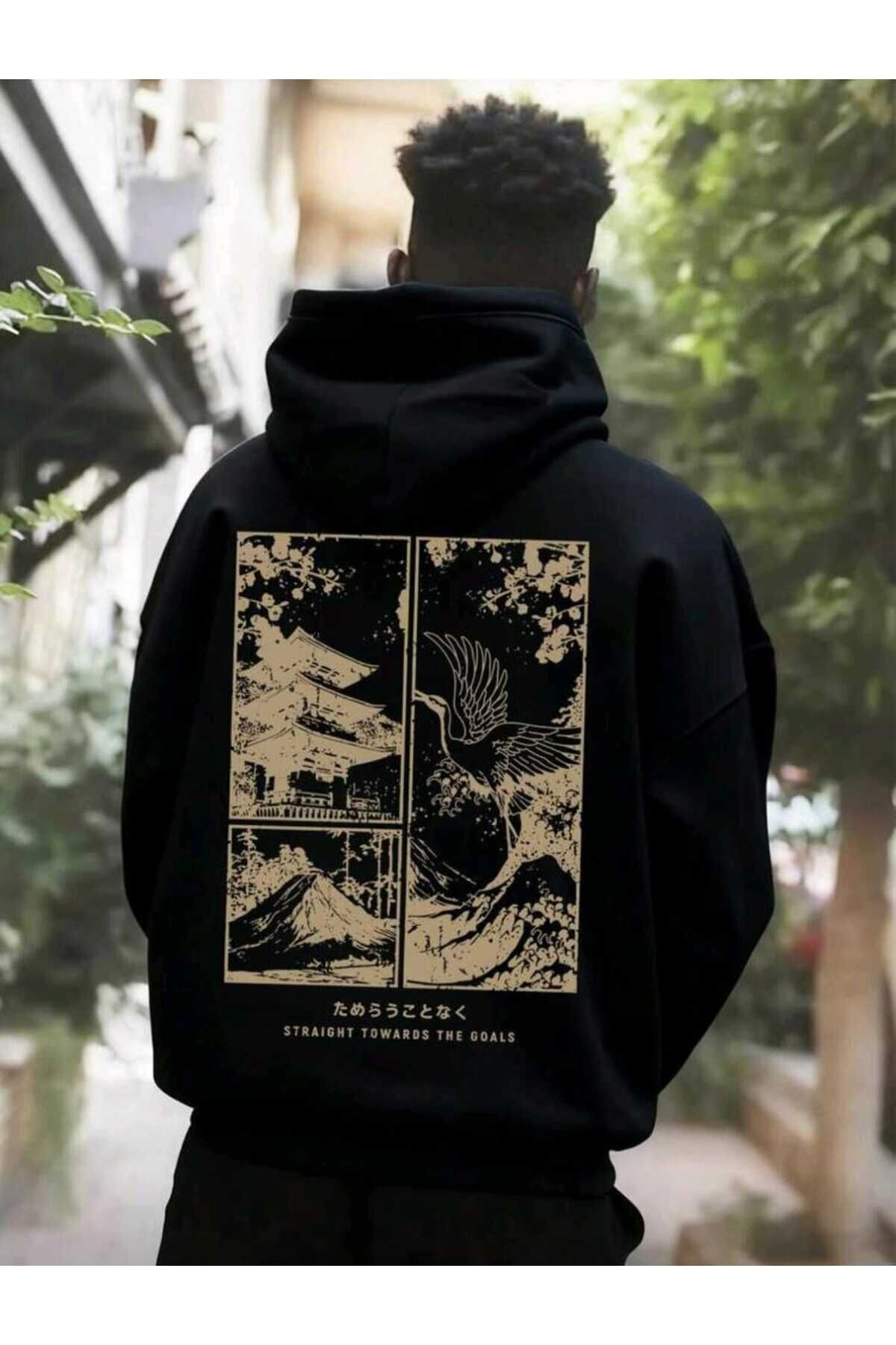 Unisex Japon Tarzı Manzara Sanat Eseri Grafik Baskılı Kanguru Cepli Kapüşonlu Üst Sonbahar/Kış