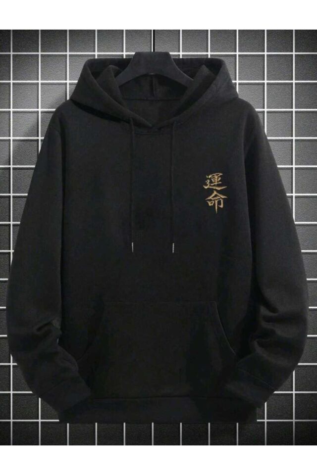 Unisex Oversize Çince Karakter Baskılı Kapüşonlu Hoodie