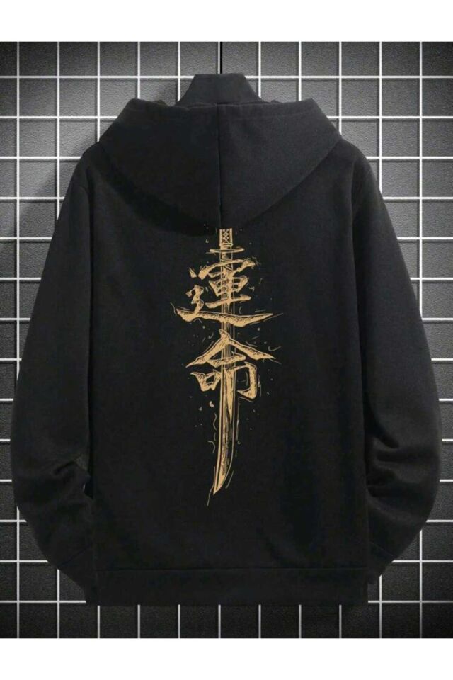 Unisex Oversize Çince Karakter Baskılı Kapüşonlu Hoodie