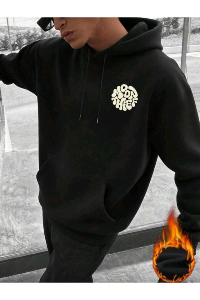 Erkekler İçin Bol Kesim Ay Hırsızı Baskılı Kanguru Cepli Kapüşonlu Sweatshirt, Sonbahar/Kış