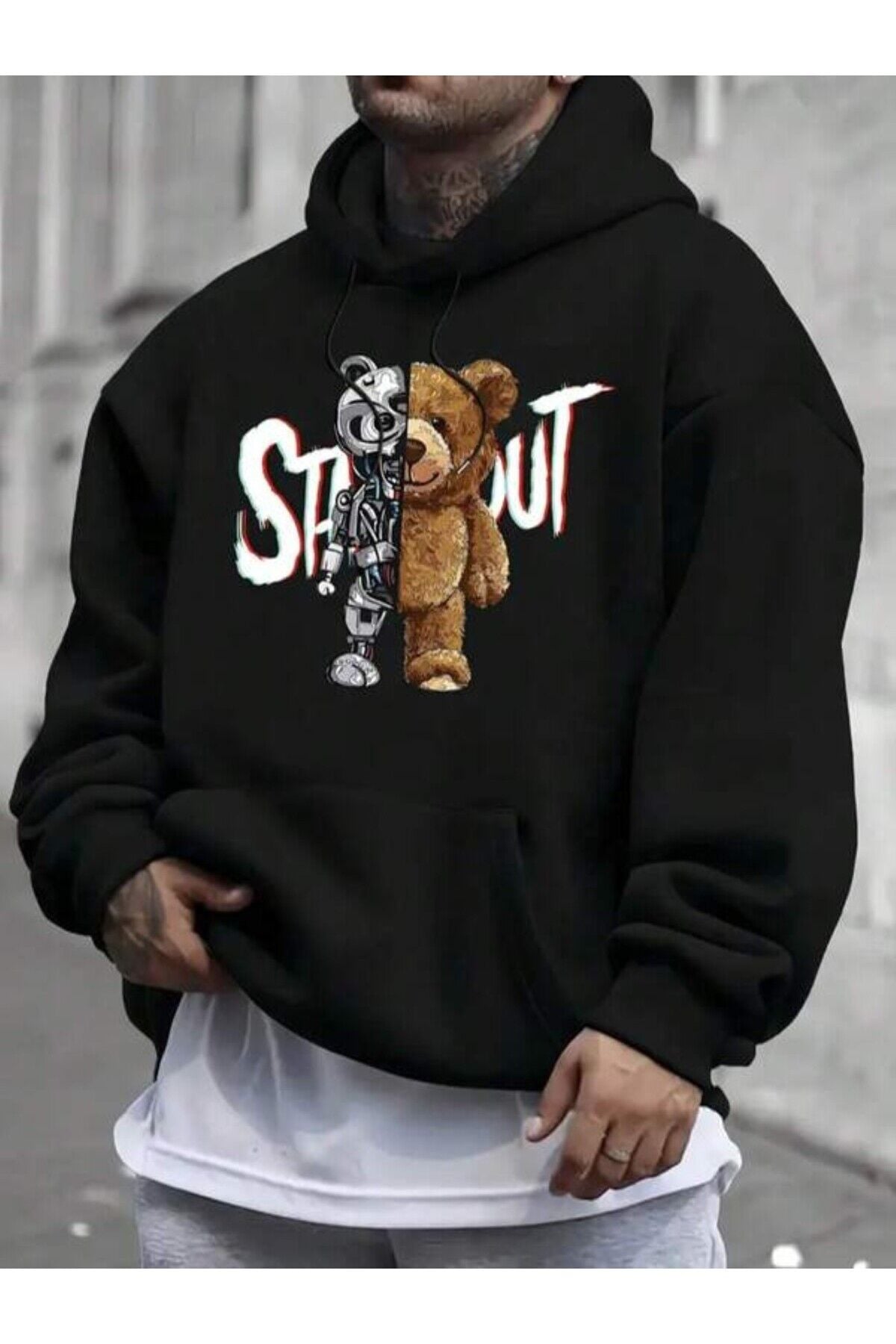 Stand Out Robot Bear Baskılı Unisex Oversize Kapüşonlu Hoodie