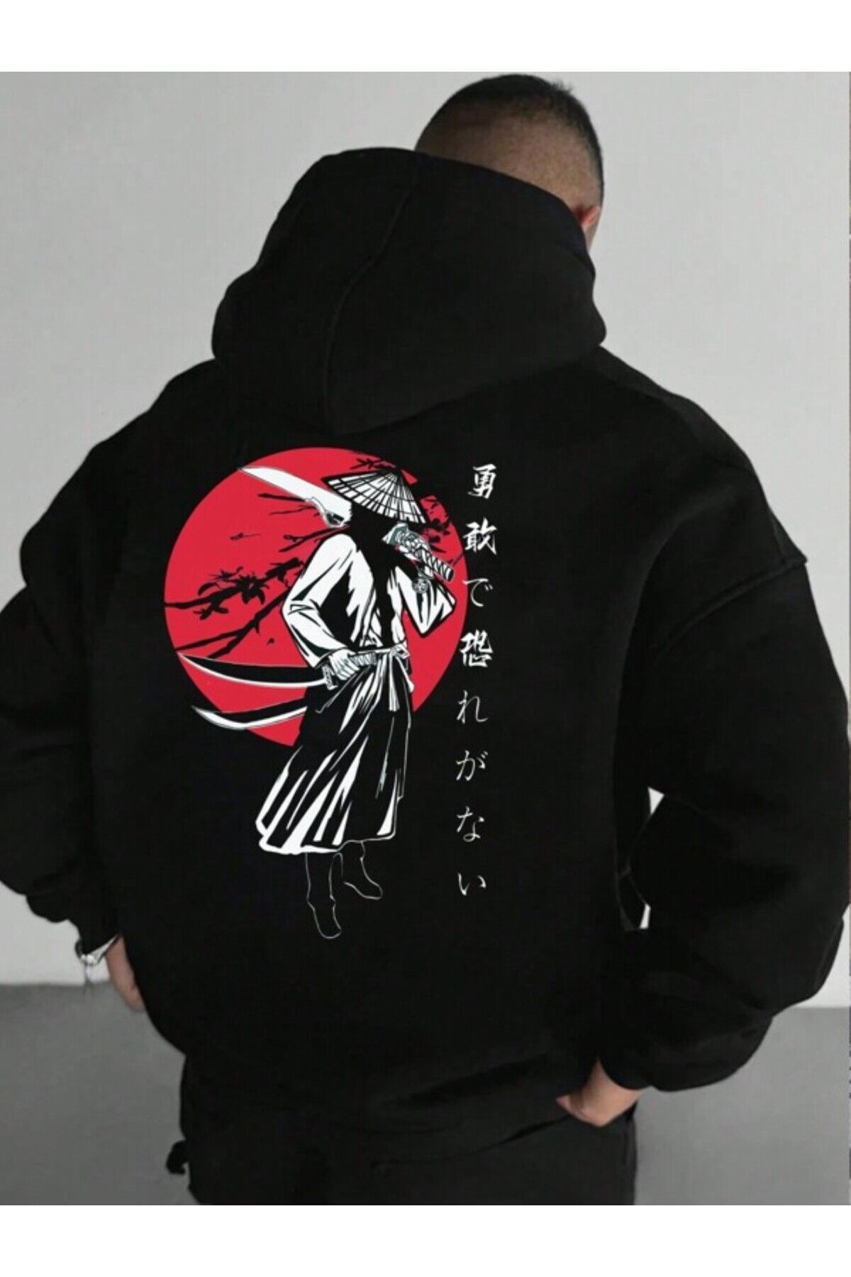Samurai Kırmızı Güneş Baskılı Unisex Siyah Oversize Kapüşonlu Hoodie