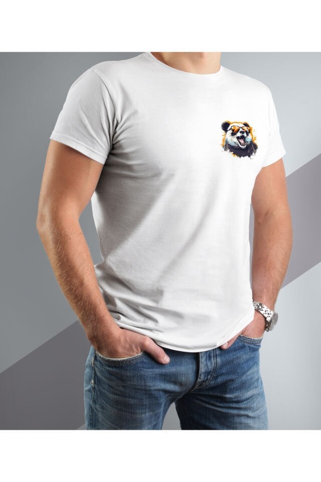 Gözlüklü Panda Baskılı Oversize Bisiklet yaka Beyaz T-Shirt