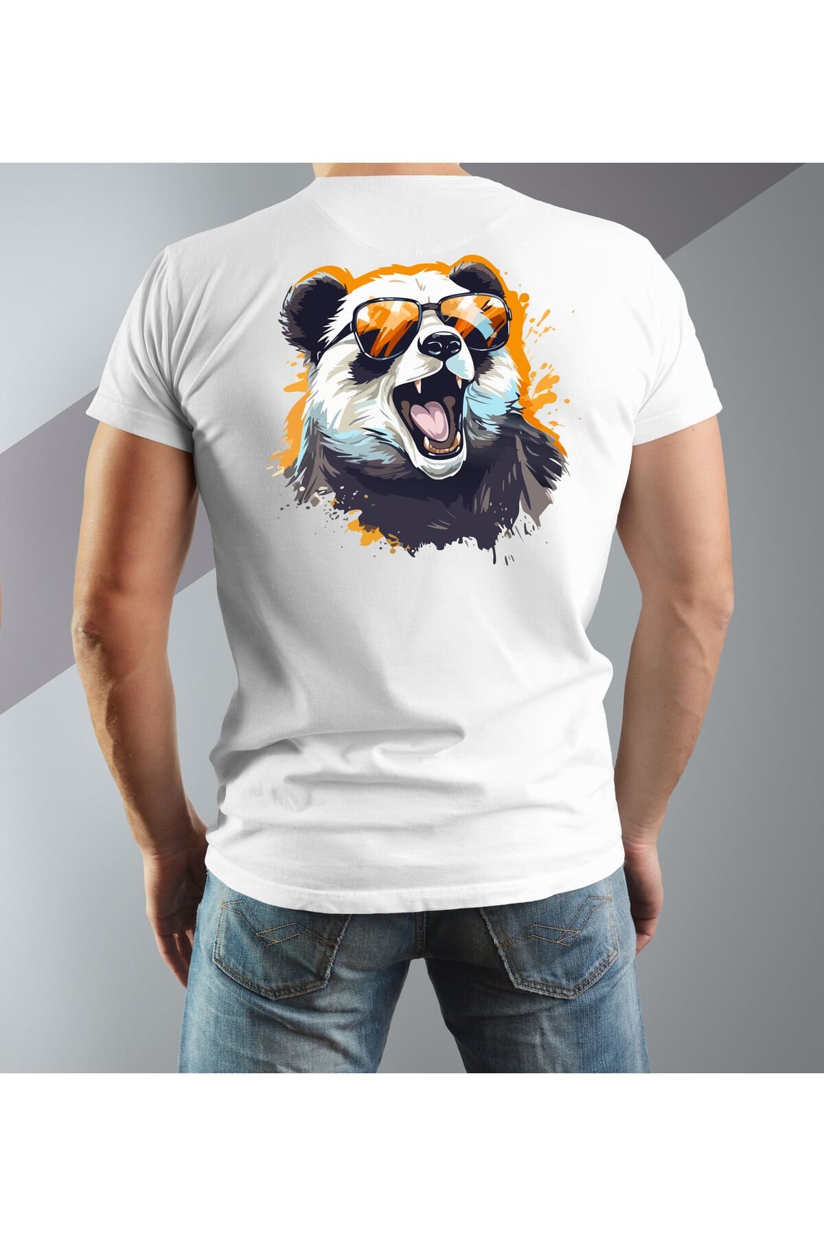 Gözlüklü Panda Baskılı Oversize Bisiklet yaka Beyaz T-Shirt