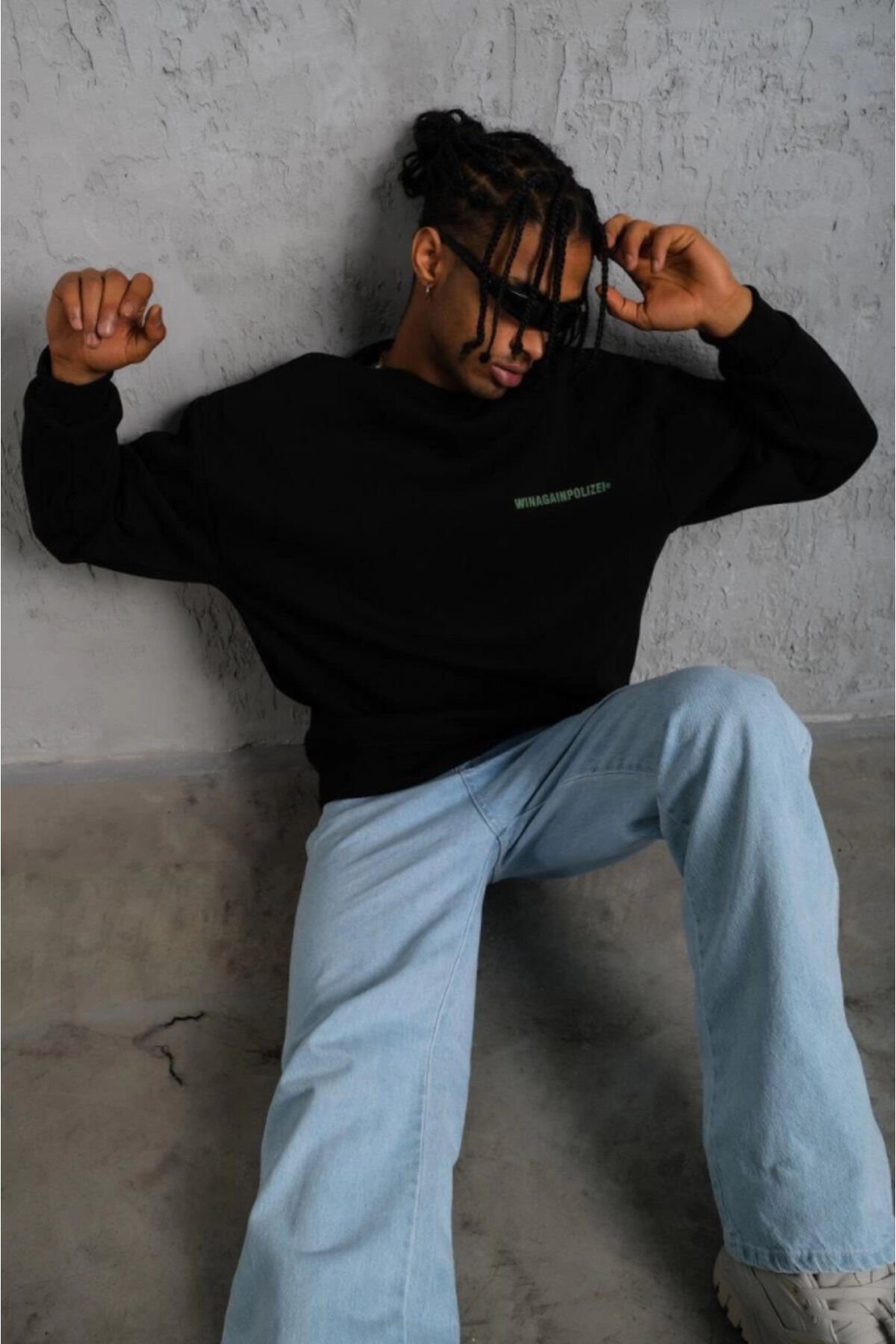 Turega Style Erkek Oversize Sweatshirt – Siyah Renk Ön Ve Sırt Baskılı, Üç İplik İçi Pamuklu Kumaş,