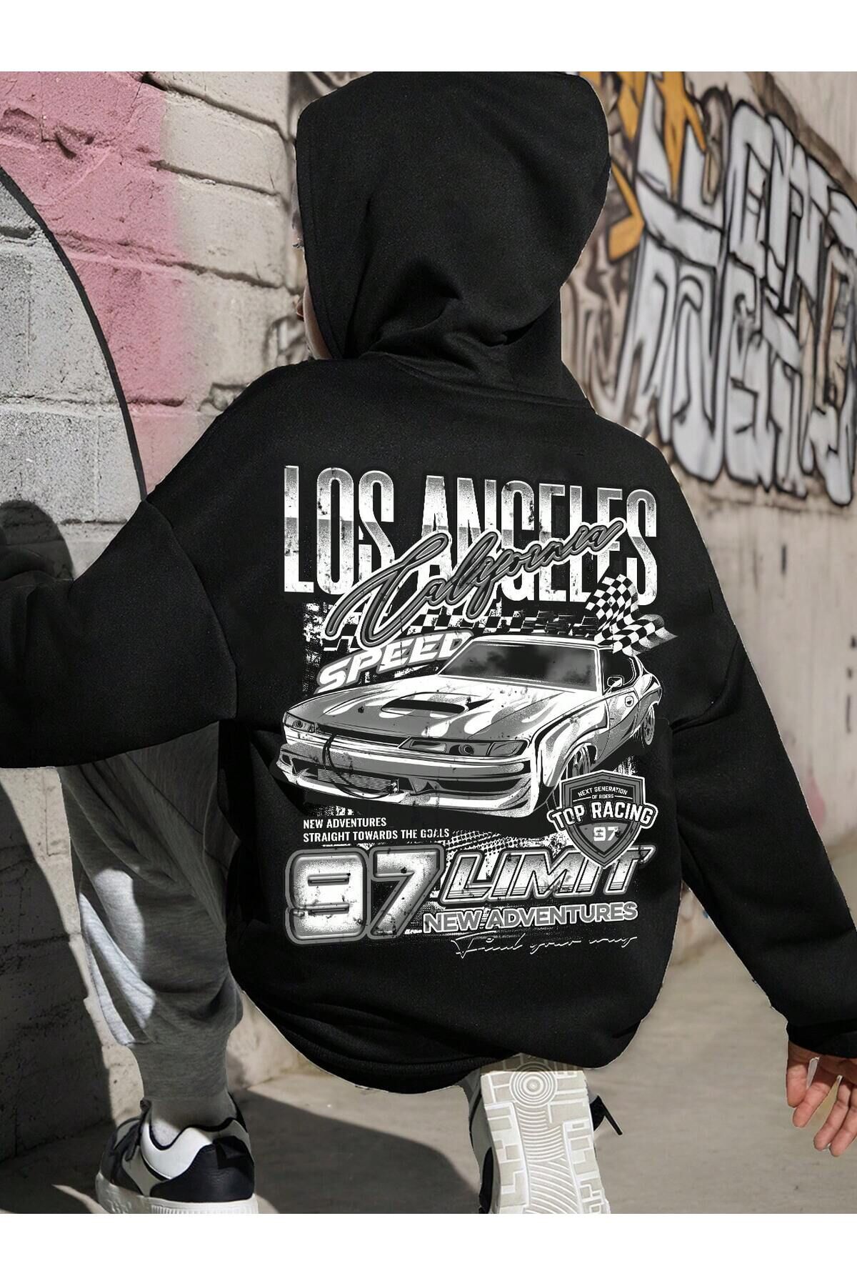 los angeles araba arka baskılı siyah oversize kapşonlu sweatshirt hoodie