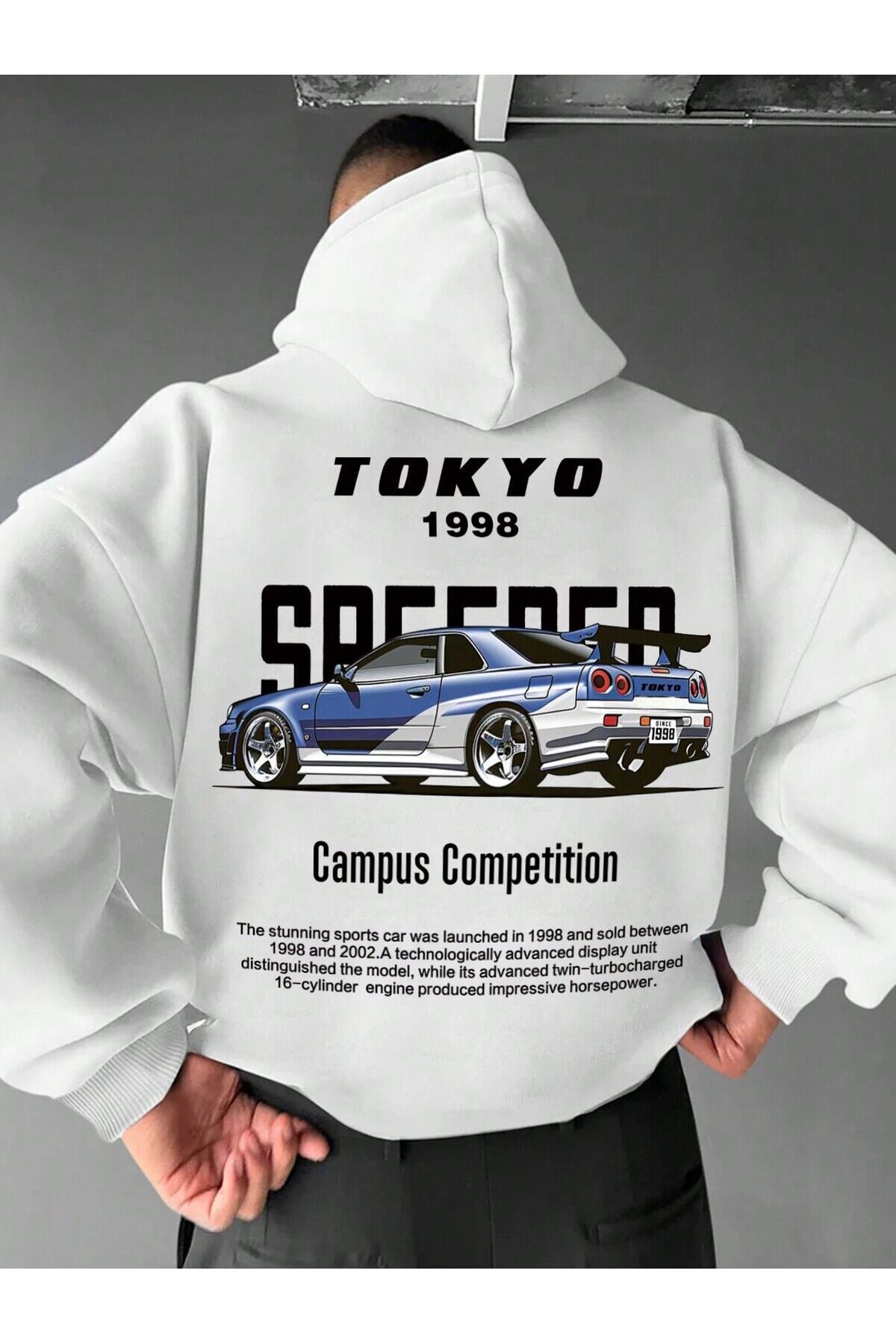 tokyo 1998 arka baskılı beyaz oversize kapşonlu sweatshirt hoodie