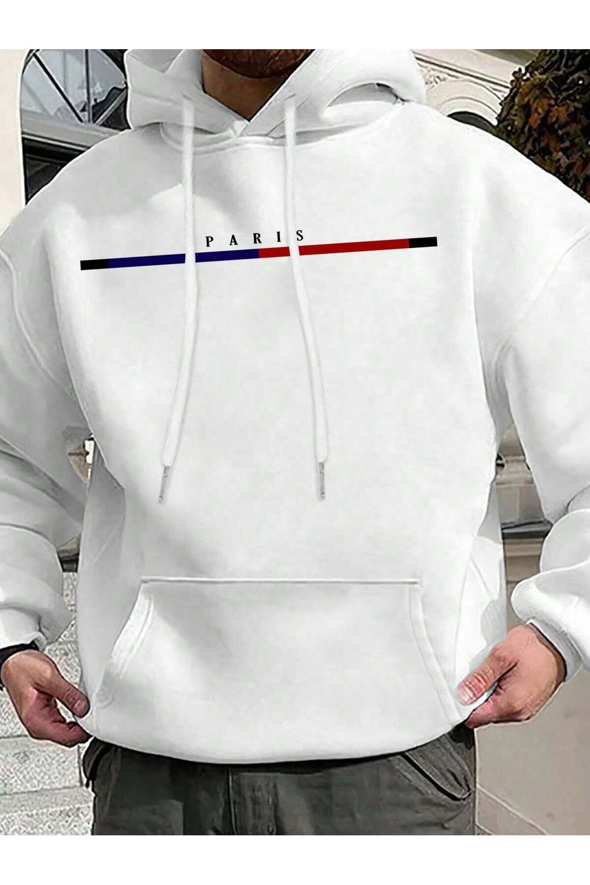 paris ön baskılı beyaz oversize 3 iplik kapşonlu sweatshirt hoodie