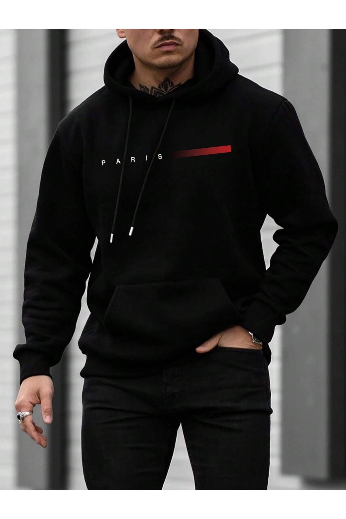 paris ön baskılı siyah oversize kapşonlu sweatshirt hoodie