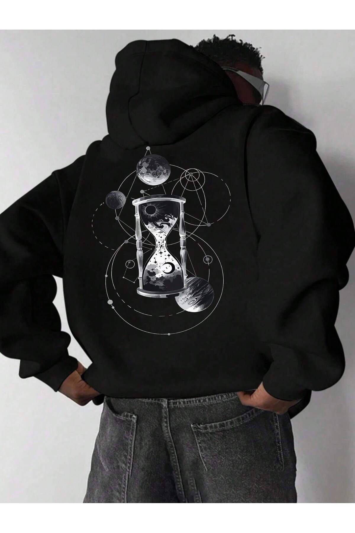 kum saati ve gezegenler arka baskılı siyah oversize kapşonlu sweatshirt hoodie